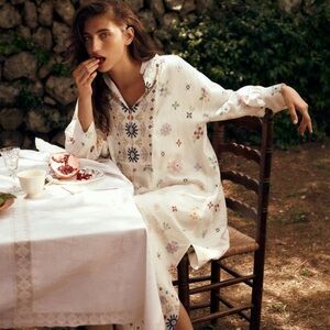 ZARA NWT  Printed  Linen Blend Summer Dress Slot Collar  Frayed Trims in  Sz  S